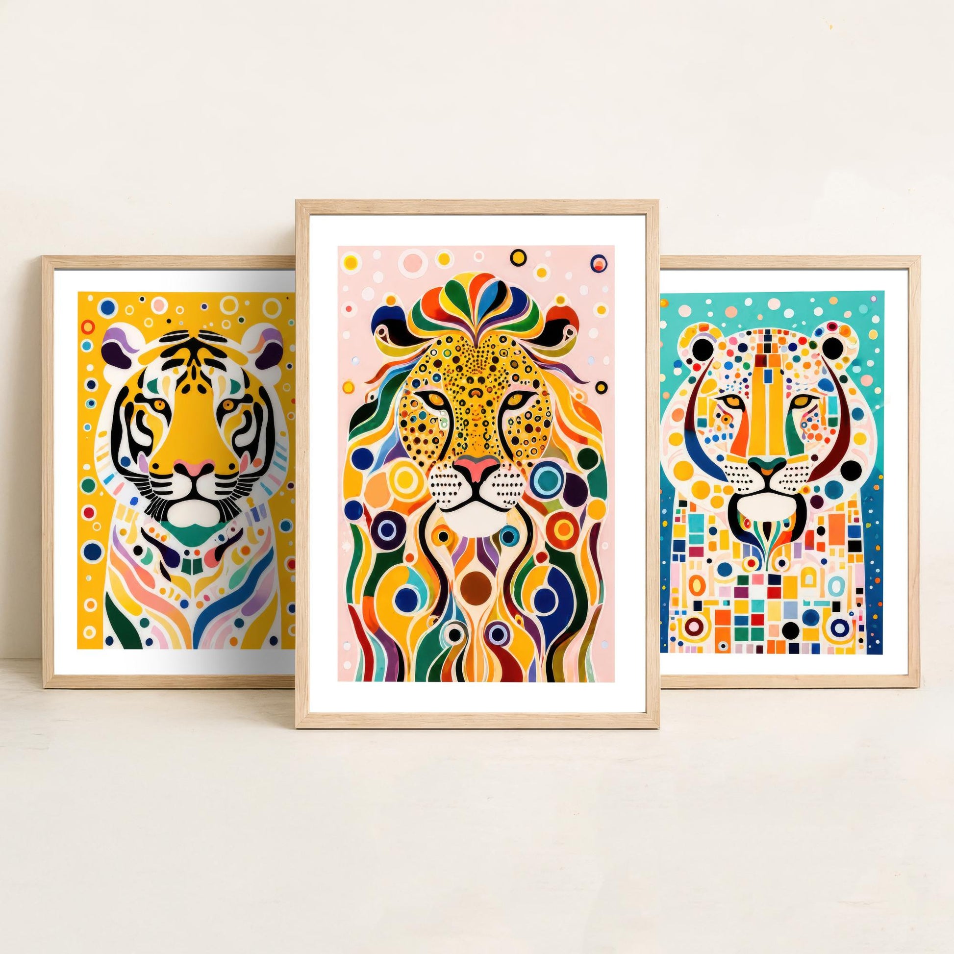 Rainbow Big Cats Set of Three Art Prints - Lion, Cheetah, Tiger Paintings - Colourful Wildlife Poster Wall Art Gift Decor