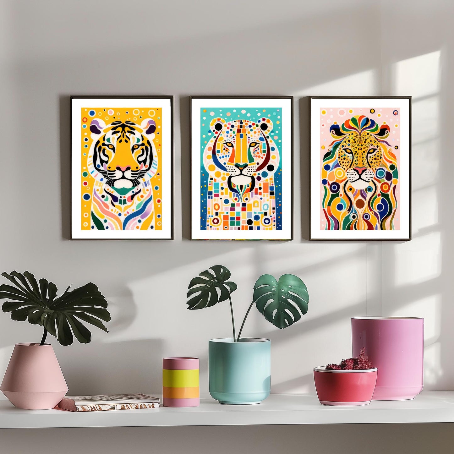 Rainbow Big Cats Set of Three Art Prints - Lion, Cheetah, Tiger Paintings - Colourful Wildlife Poster Wall Art Gift Decor