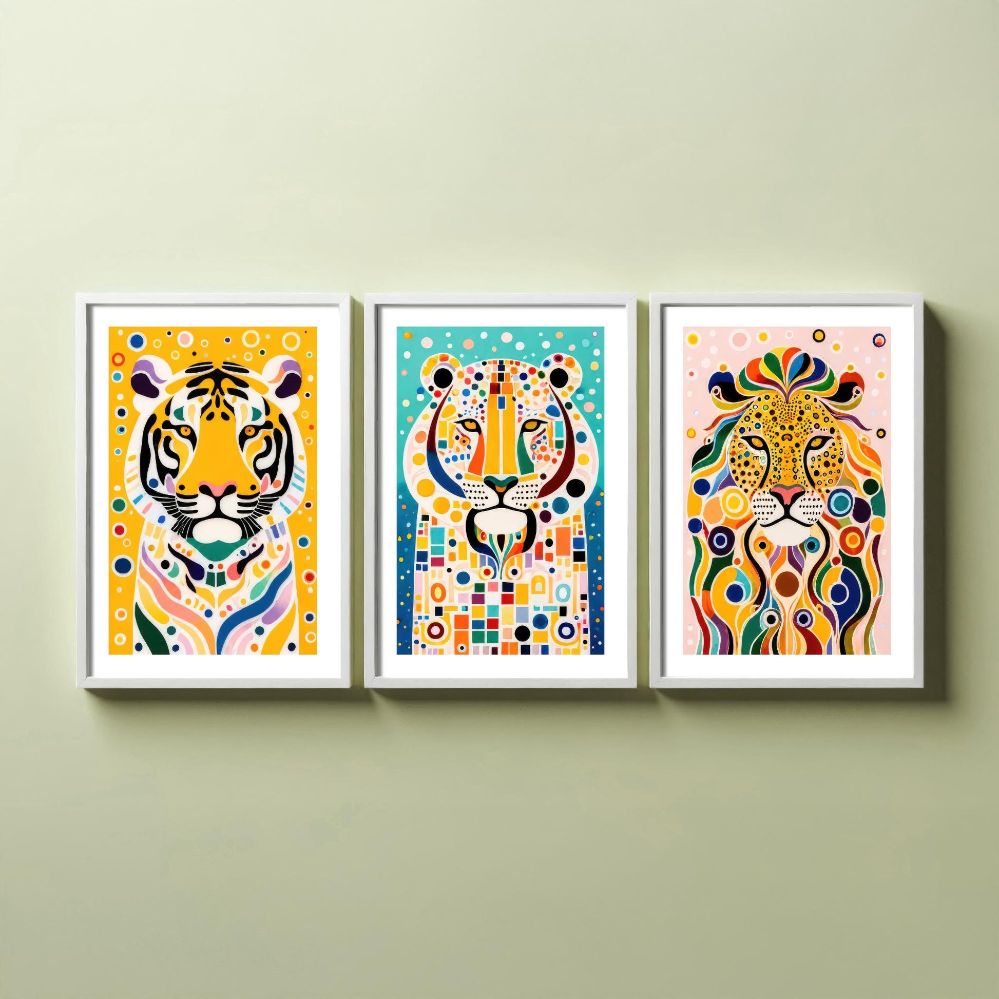 Rainbow Big Cats Set of Three Art Prints - Lion, Cheetah, Tiger Paintings - Colourful Wildlife Poster Wall Art Gift Decor