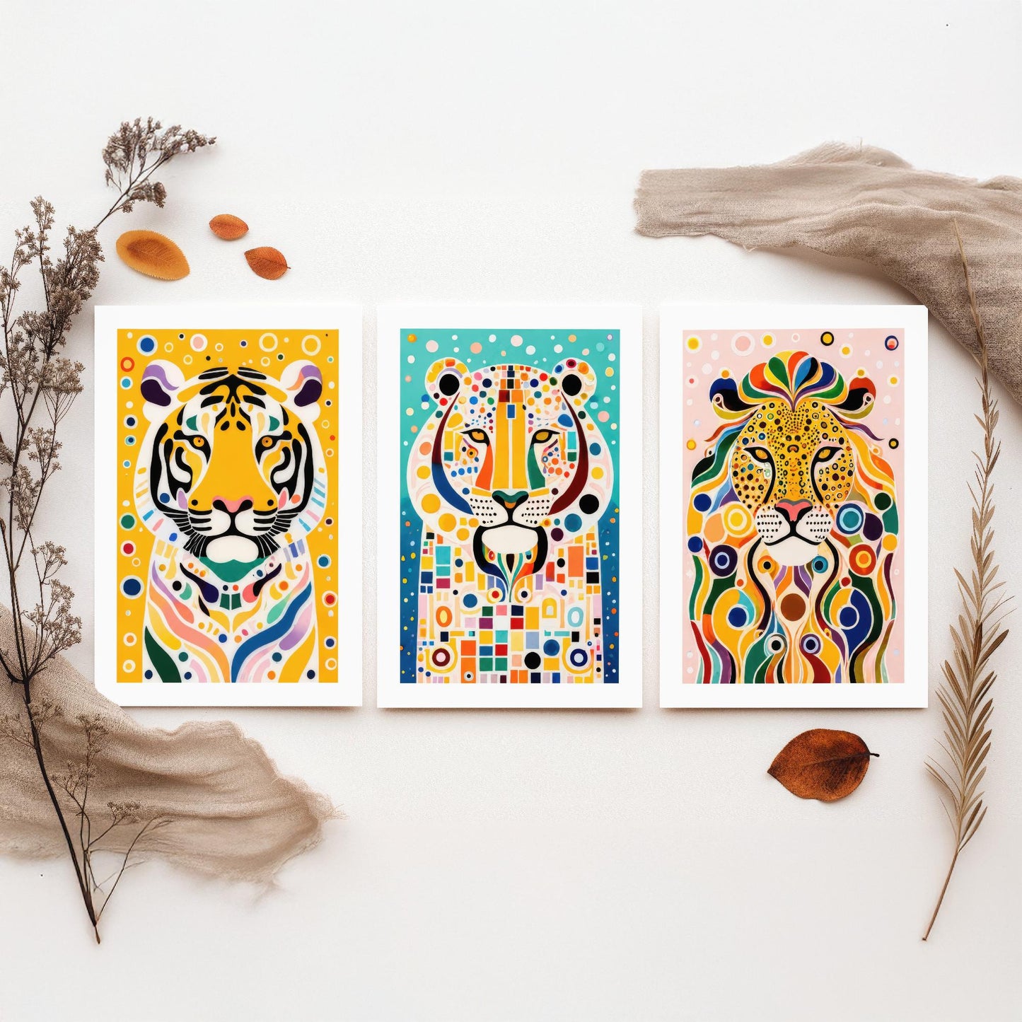 Rainbow Big Cats Set of Three Art Prints - Lion, Cheetah, Tiger Paintings - Colourful Wildlife Poster Wall Art Gift Decor