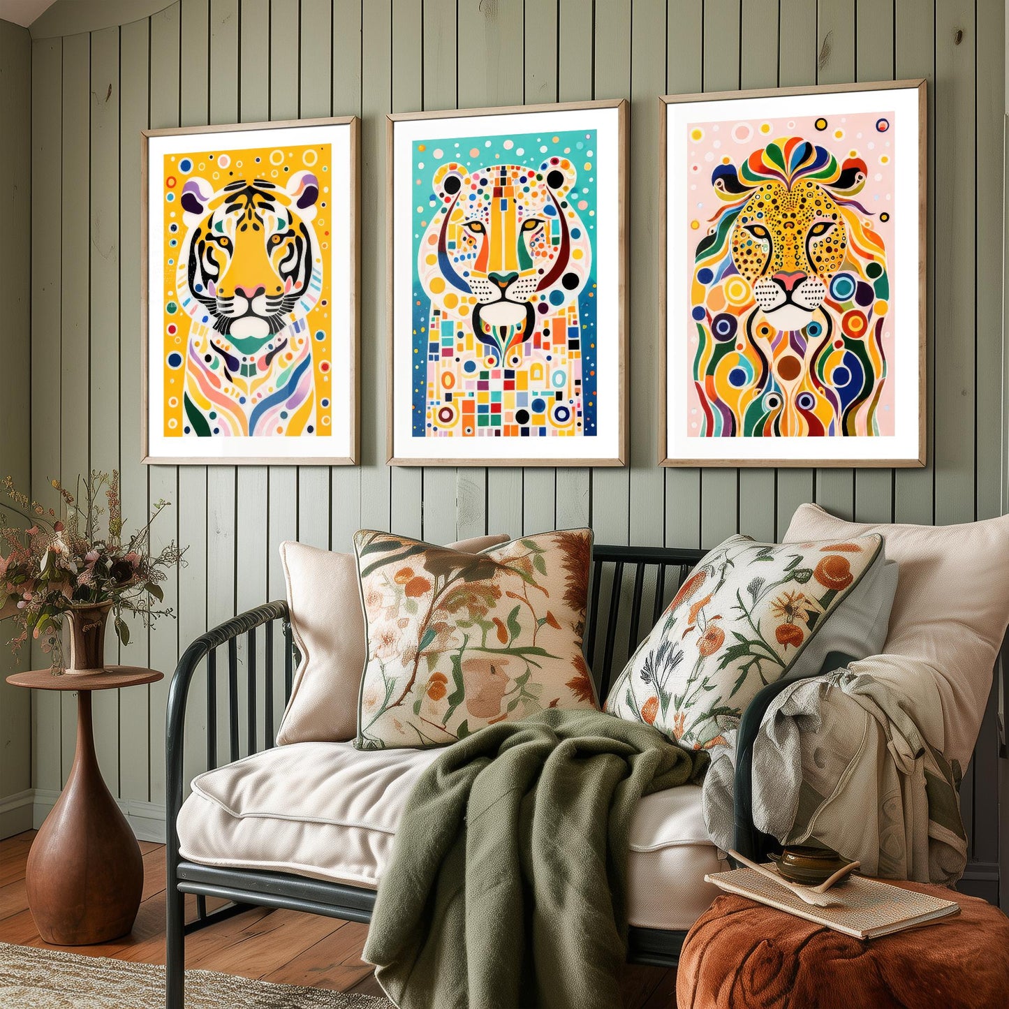 Rainbow Big Cats Set of Three Art Prints - Lion, Cheetah, Tiger Paintings - Colourful Wildlife Poster Wall Art Gift Decor