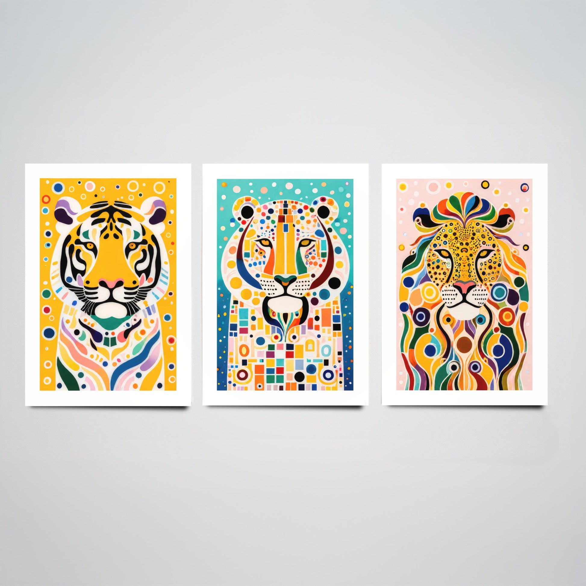 Rainbow Big Cats Set of Three Art Prints - Lion, Cheetah, Tiger Paintings - Colourful Wildlife Poster Wall Art Gift Decor