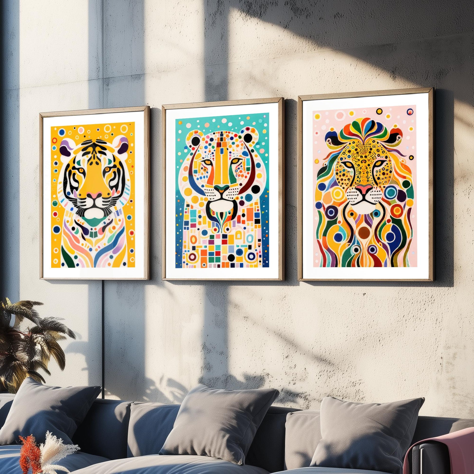 Rainbow Big Cats Set of Three Art Prints - Lion, Cheetah, Tiger Paintings - Colourful Wildlife Poster Wall Art Gift Decor
