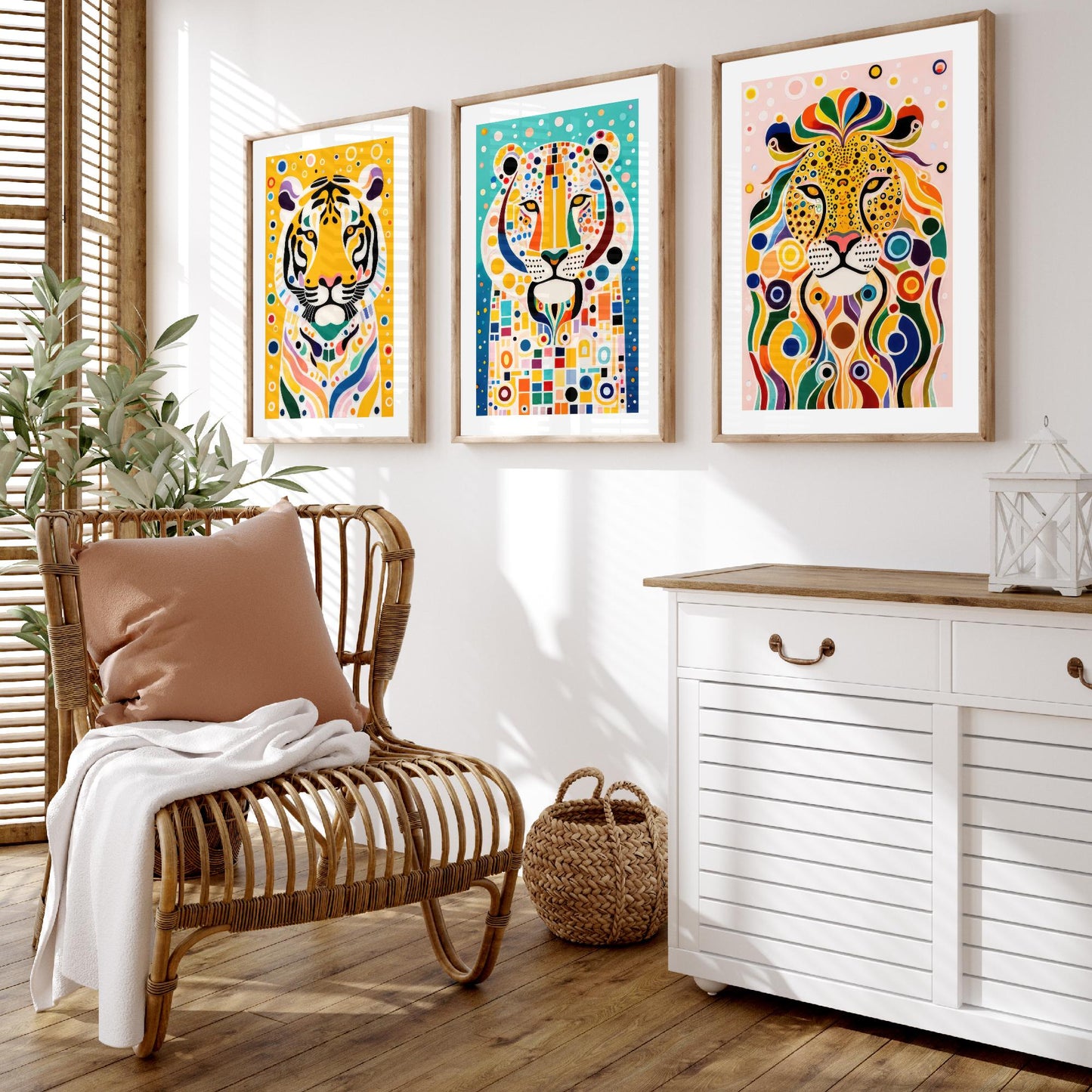 Rainbow Big Cats Set of Three Art Prints - Lion, Cheetah, Tiger Paintings - Colourful Wildlife Poster Wall Art Gift Decor
