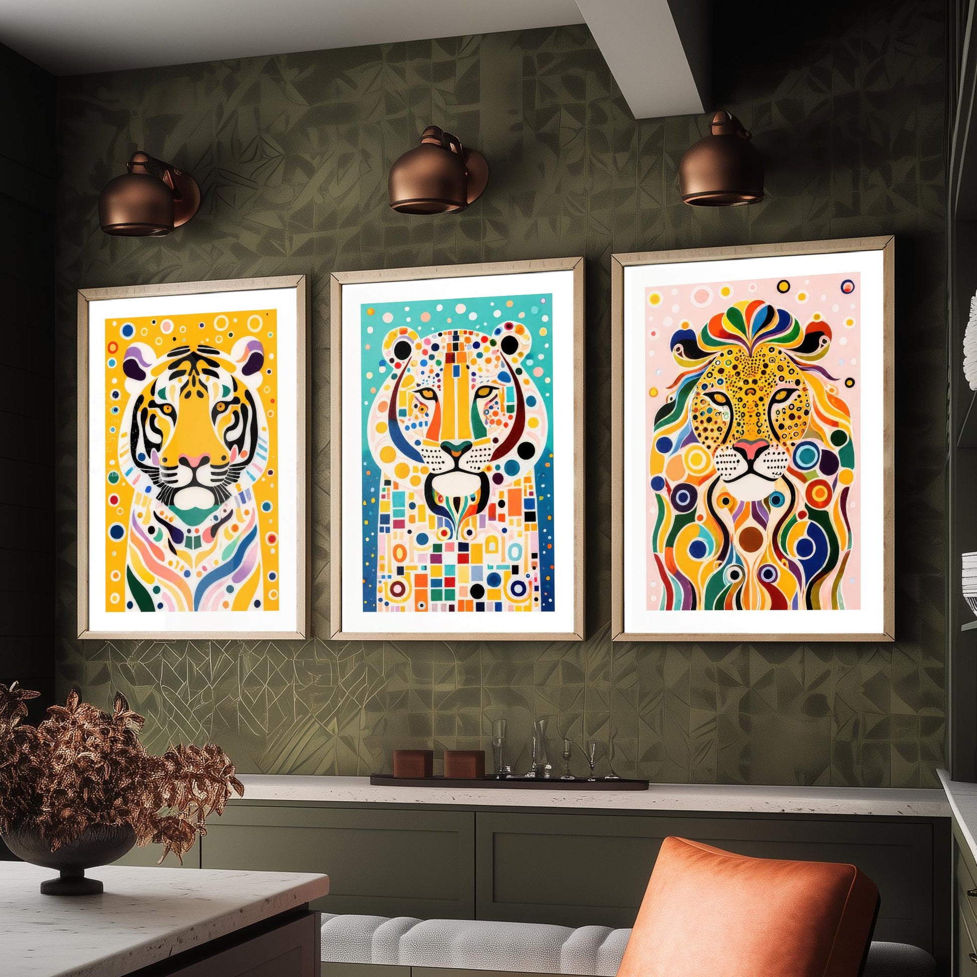 Rainbow Big Cats Set of Three Art Prints - Lion, Cheetah, Tiger Paintings - Colourful Wildlife Poster Wall Art Gift Decor