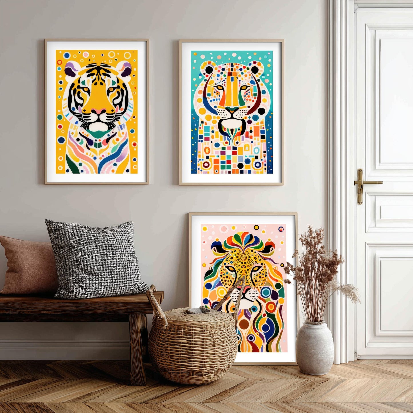 Rainbow Big Cats Set of Three Art Prints - Lion, Cheetah, Tiger Paintings - Colourful Wildlife Poster Wall Art Gift Decor