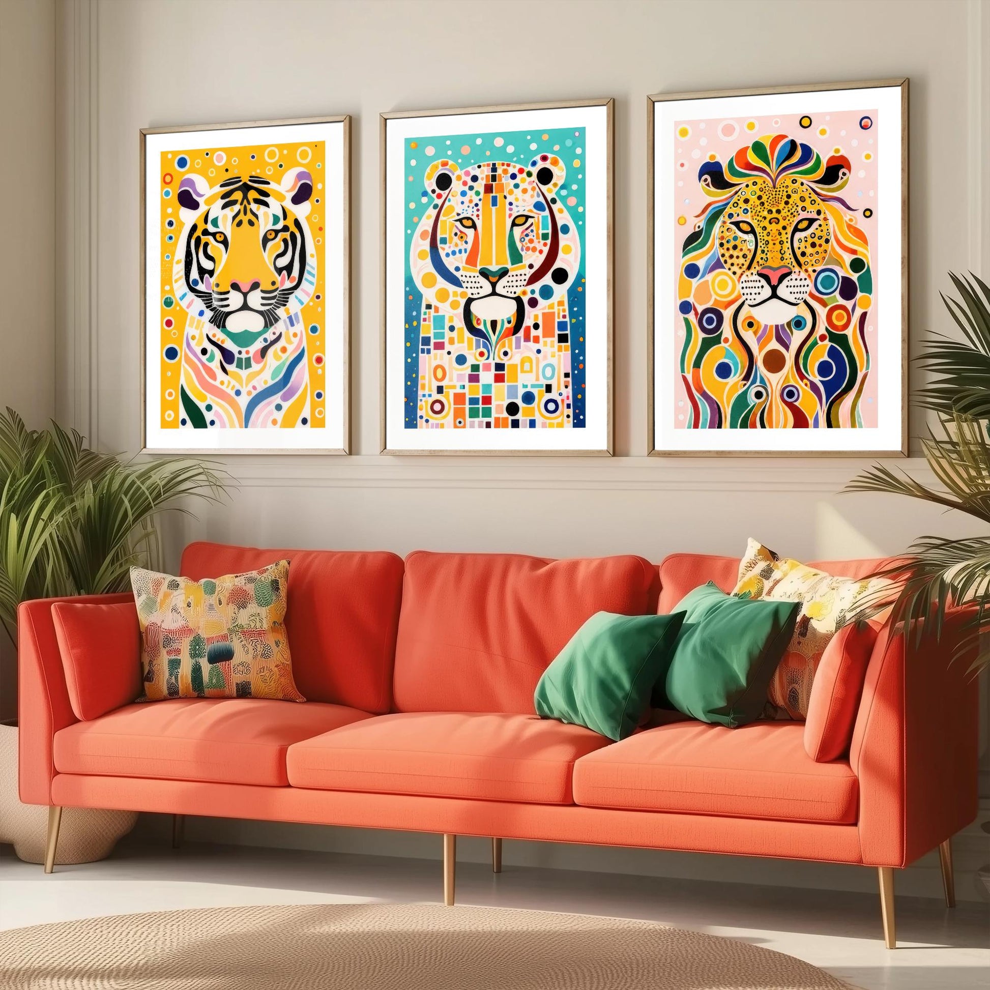 Rainbow Big Cats Set of Three Art Prints - Lion, Cheetah, Tiger Paintings - Colourful Wildlife Poster Wall Art Gift Decor