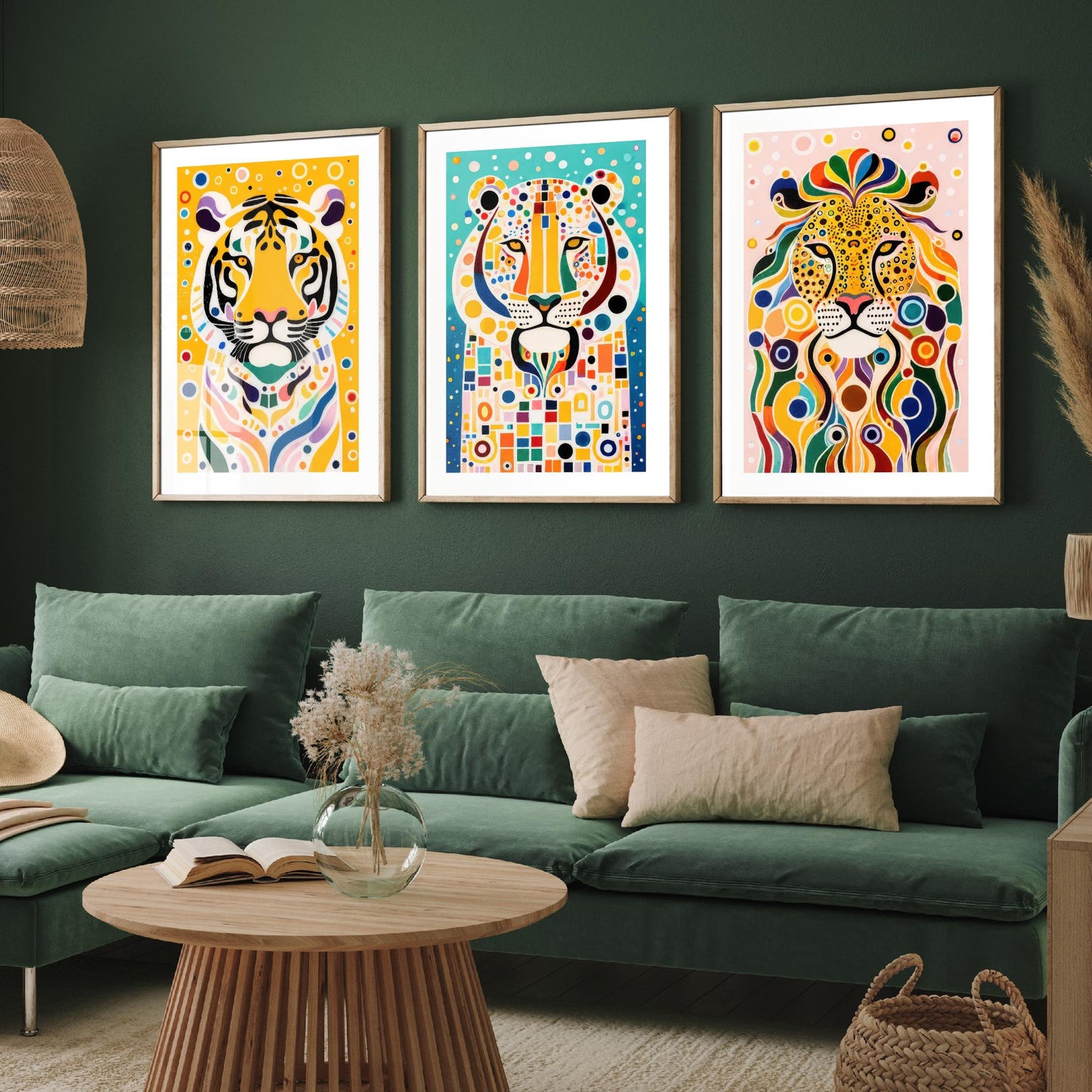 Rainbow Big Cats Set of Three Art Prints - Lion, Cheetah, Tiger Paintings - Colourful Wildlife Poster Wall Art Gift Decor