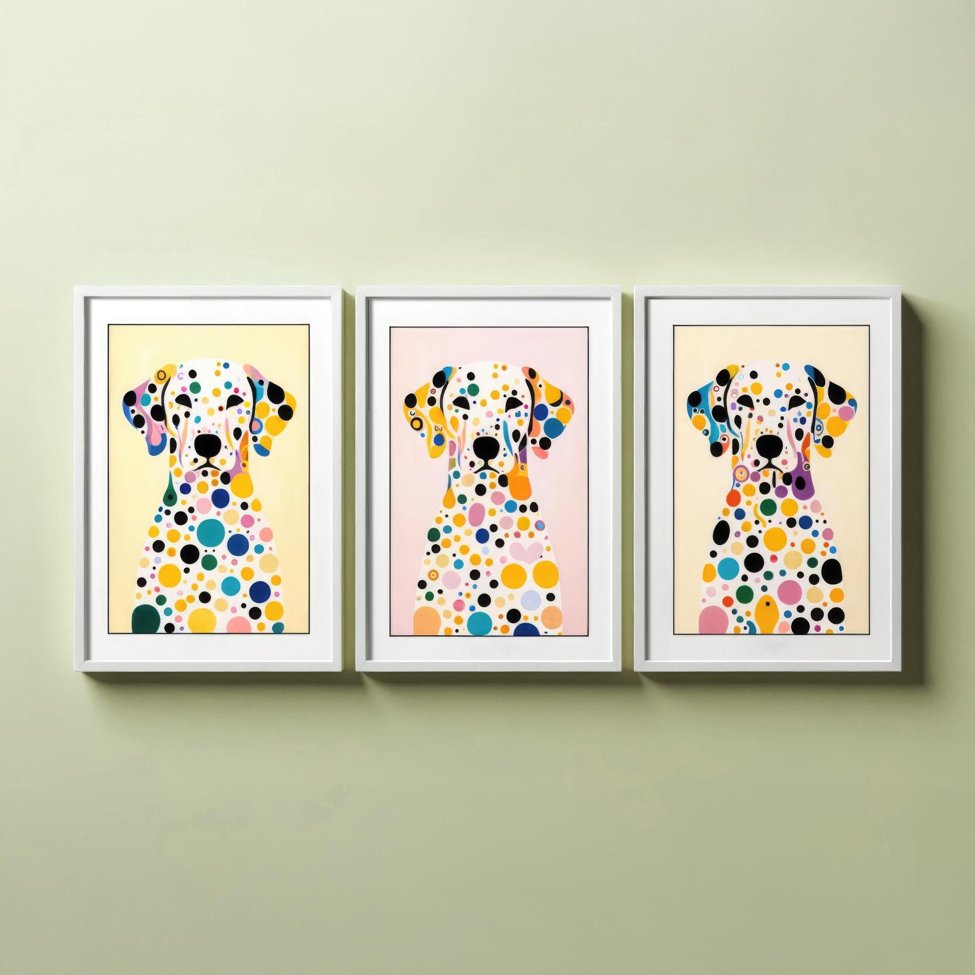 Rainbow Dalmatian Set of Three Art Prints - 3 Colourful Polka Dot Dog Posters - Pop Art Illustration Nursery Kids Gift