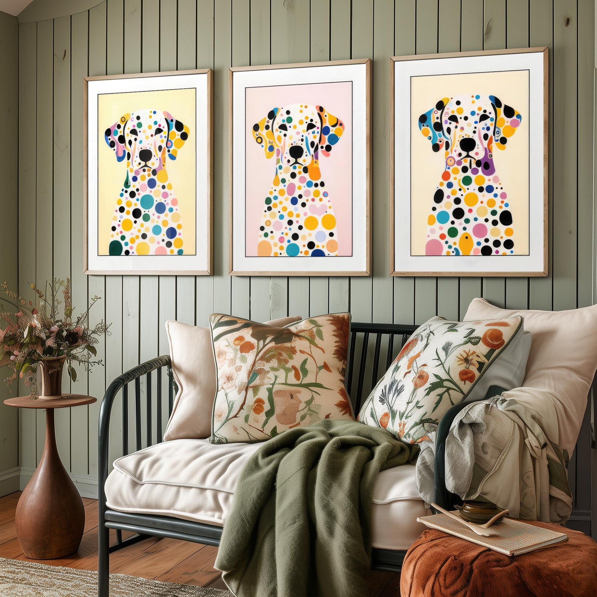 Rainbow Dalmatian Set of Three Art Prints - 3 Colourful Polka Dot Dog Posters - Pop Art Illustration Nursery Kids Gift