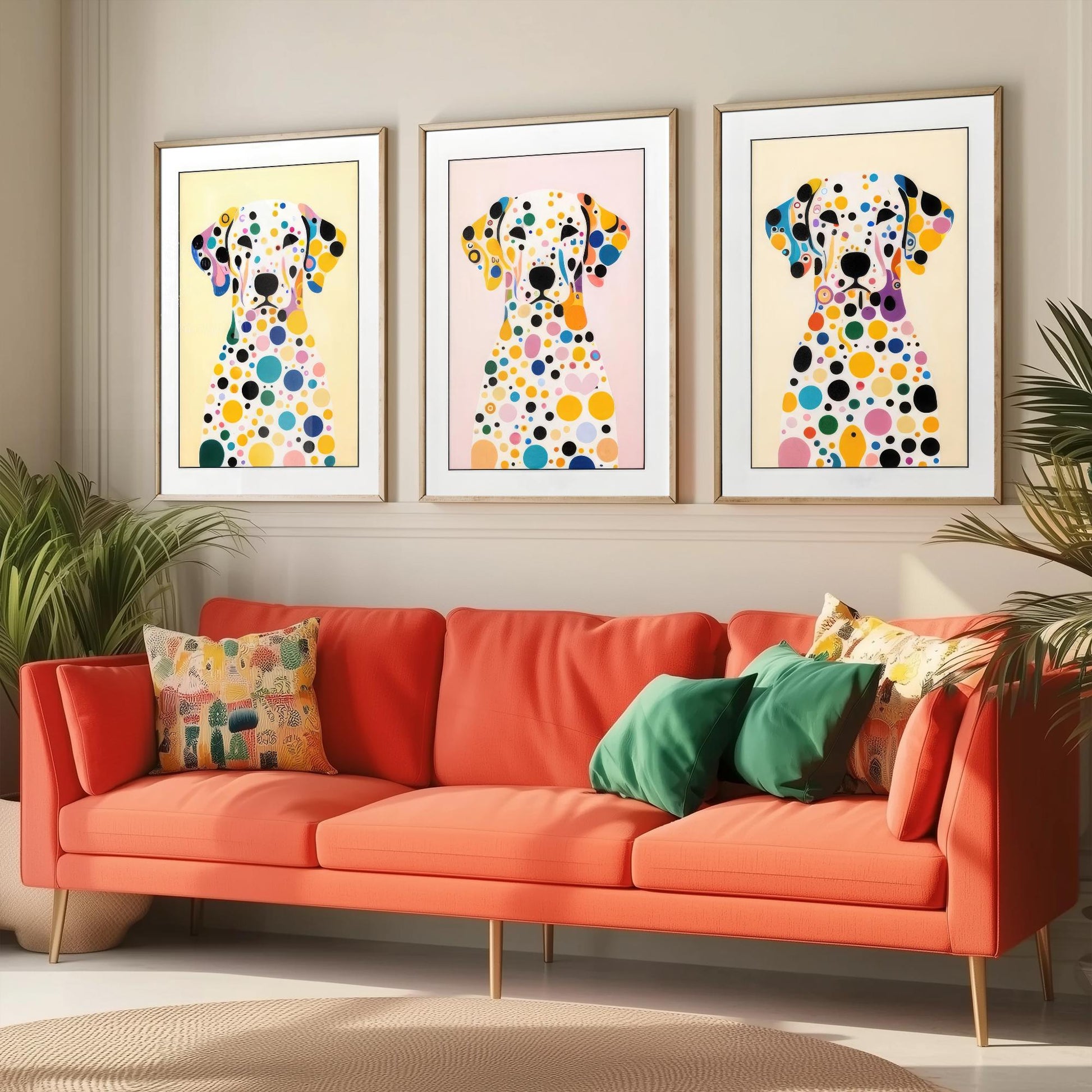 Rainbow Dalmatian Set of Three Art Prints - 3 Colourful Polka Dot Dog Posters - Pop Art Illustration Nursery Kids Gift