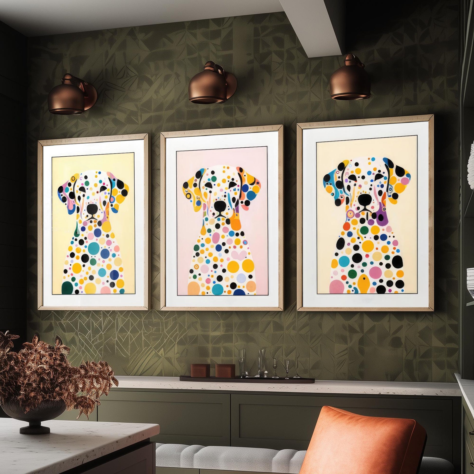 Rainbow Dalmatian Set of Three Art Prints - 3 Colourful Polka Dot Dog Posters - Pop Art Illustration Nursery Kids Gift