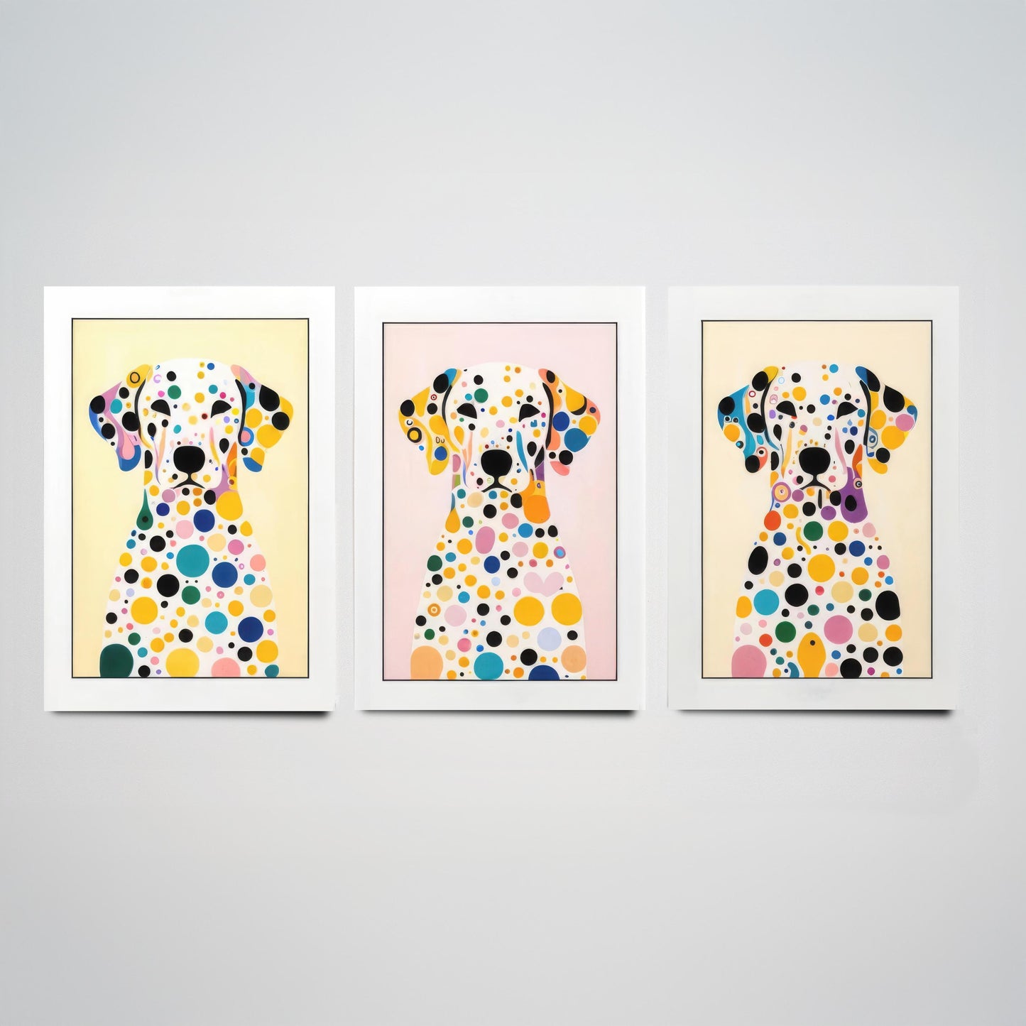 Rainbow Dalmatian Set of Three Art Prints - 3 Colourful Polka Dot Dog Posters - Pop Art Illustration Nursery Kids Gift