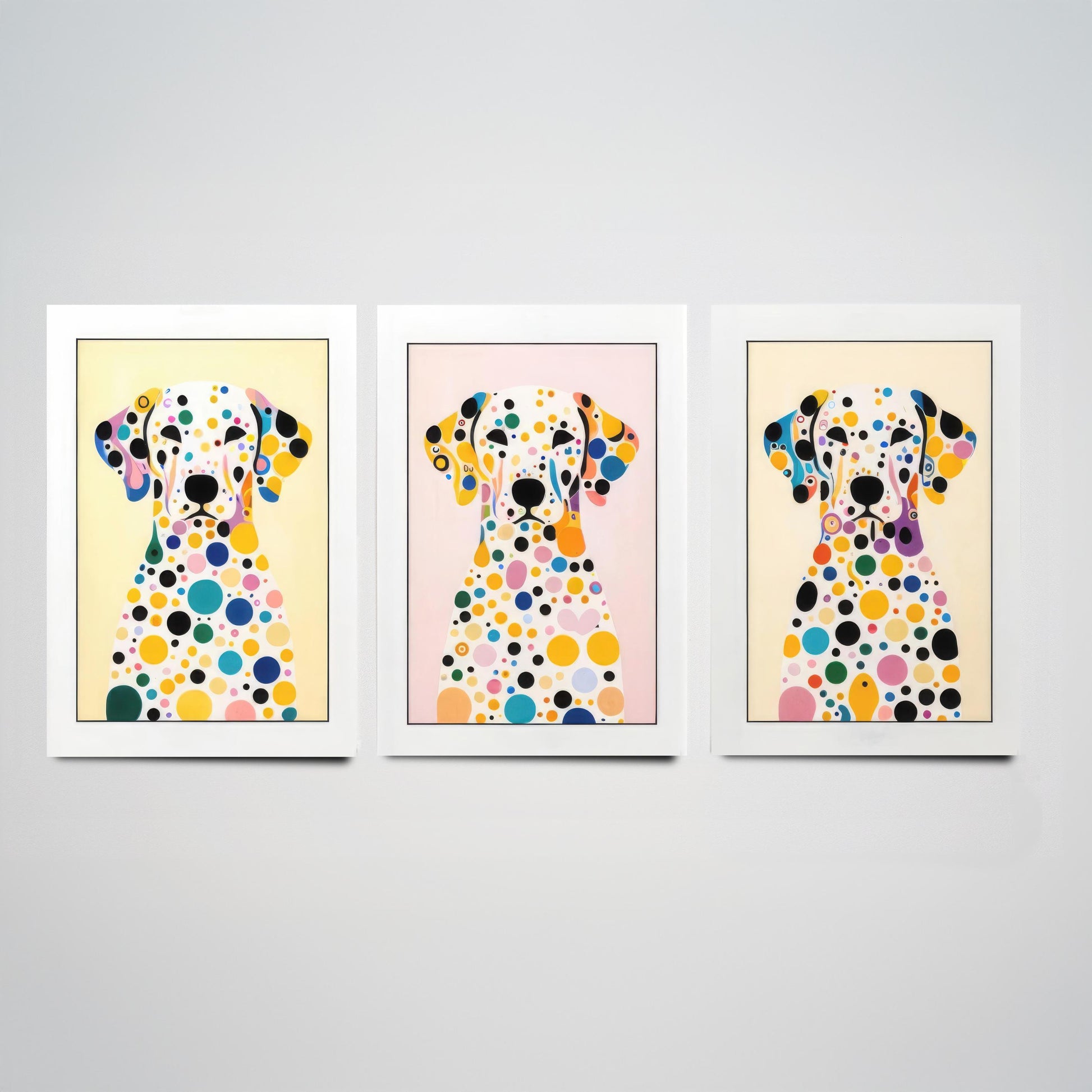 Rainbow Dalmatian Set of Three Art Prints - 3 Colourful Polka Dot Dog Posters - Pop Art Illustration Nursery Kids Gift