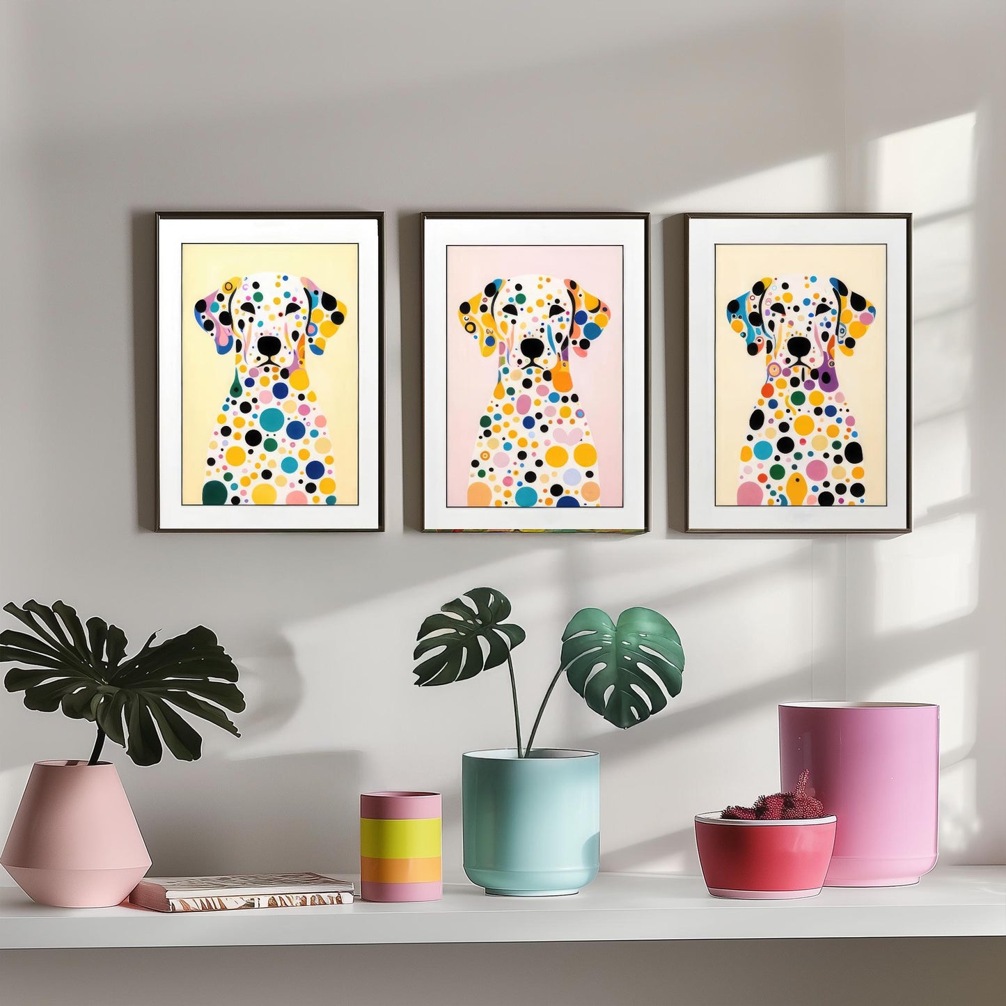 Rainbow Dalmatian Set of Three Art Prints - 3 Colourful Polka Dot Dog Posters - Pop Art Illustration Nursery Kids Gift