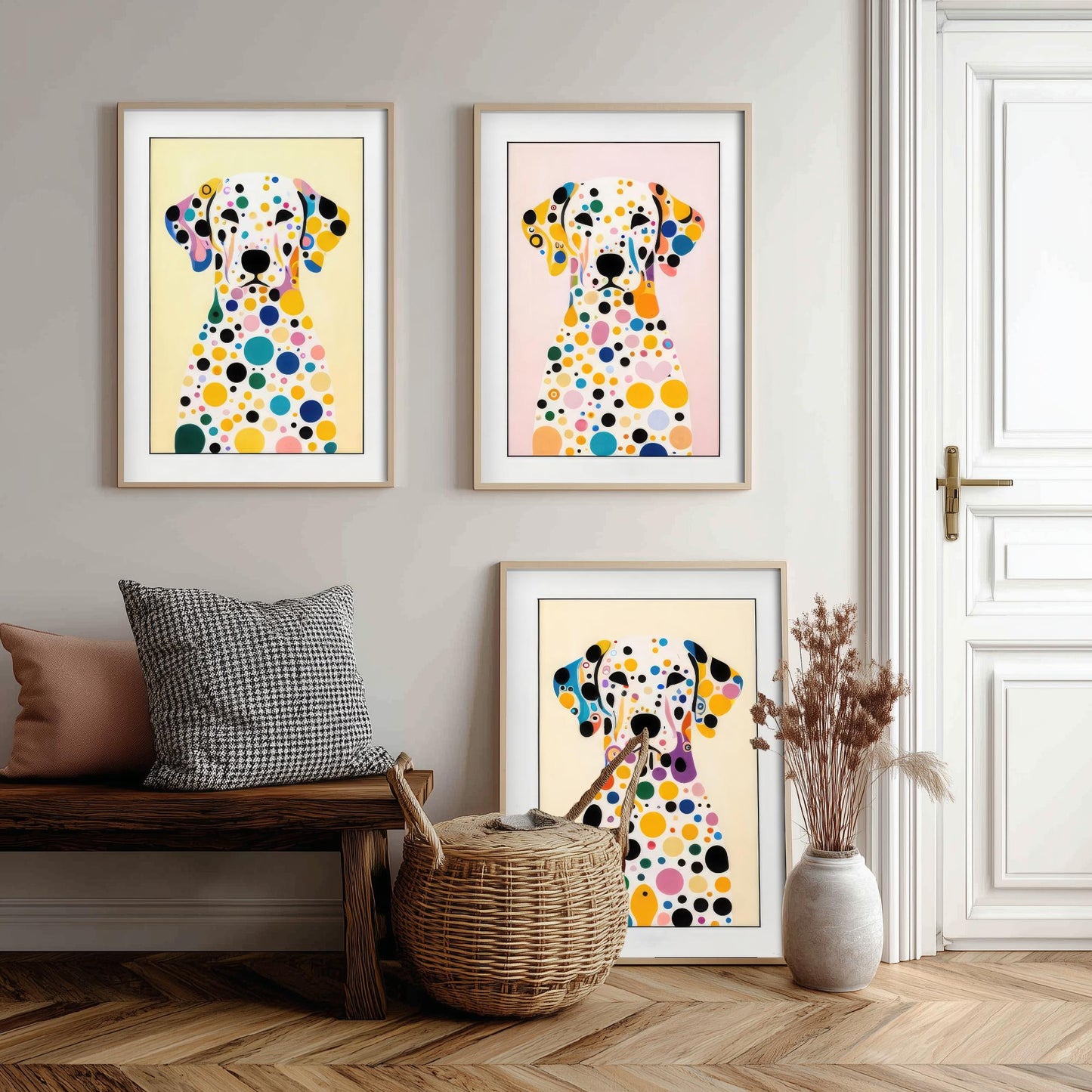 Rainbow Dalmatian Set of Three Art Prints - 3 Colourful Polka Dot Dog Posters - Pop Art Illustration Nursery Kids Gift