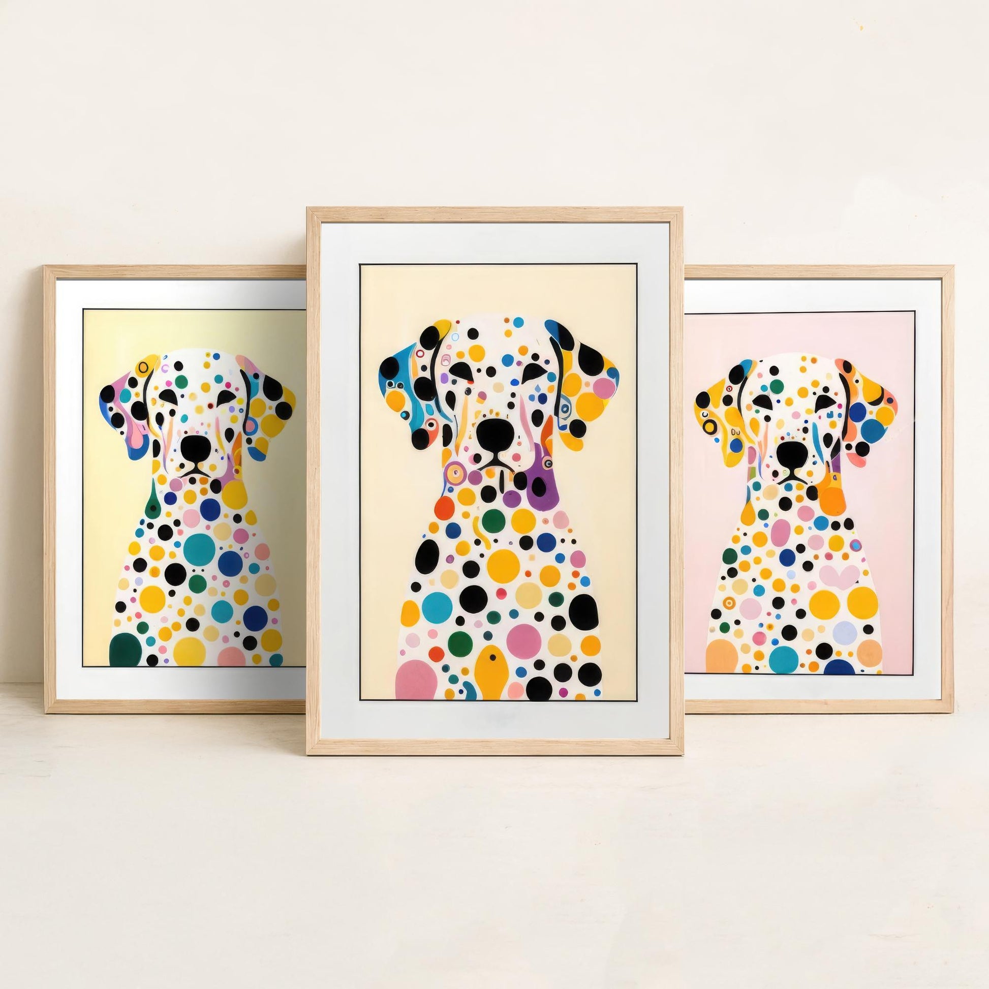 Rainbow Dalmatian Set of Three Art Prints - 3 Colourful Polka Dot Dog Posters - Pop Art Illustration Nursery Kids Gift
