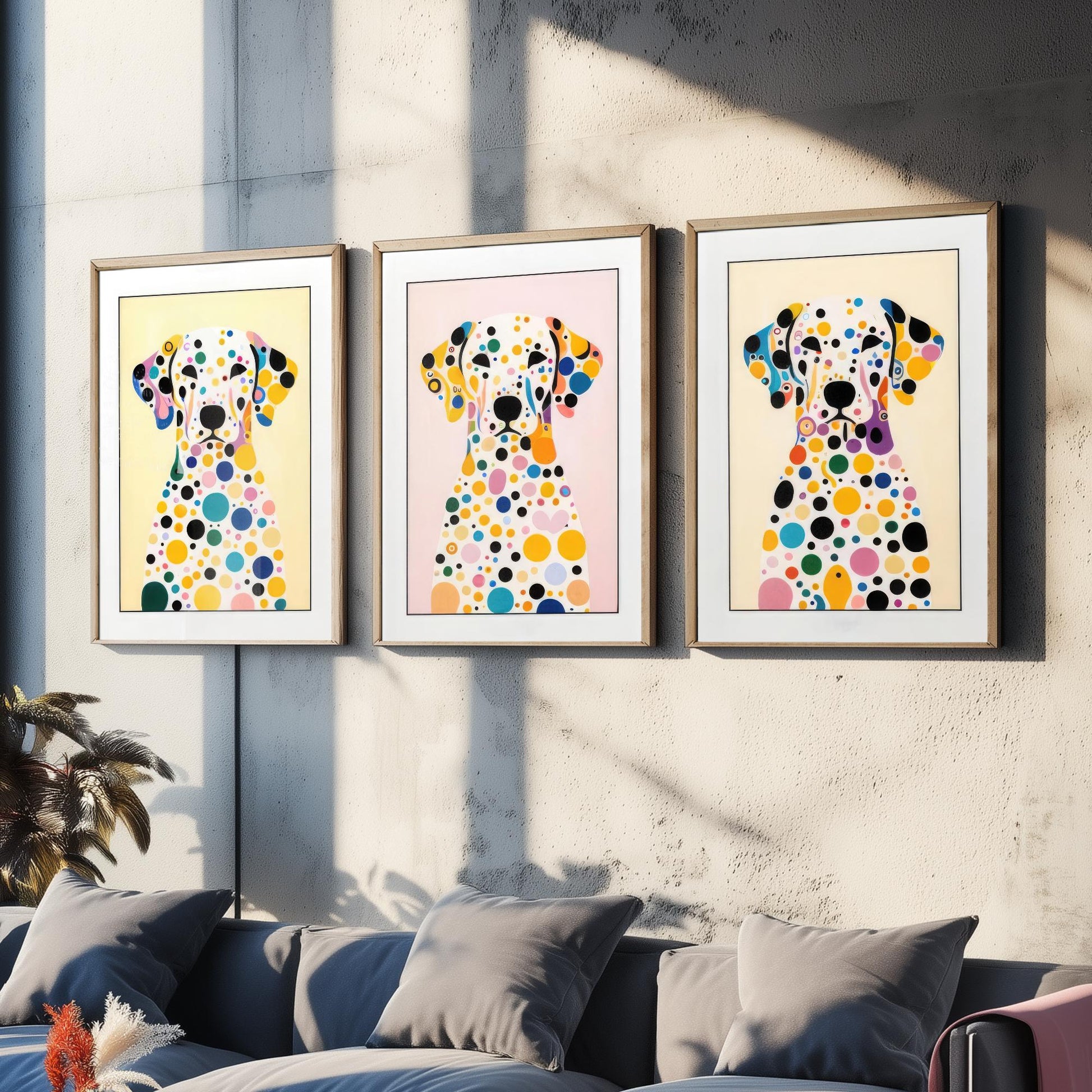 Rainbow Dalmatian Set of Three Art Prints - 3 Colourful Polka Dot Dog Posters - Pop Art Illustration Nursery Kids Gift