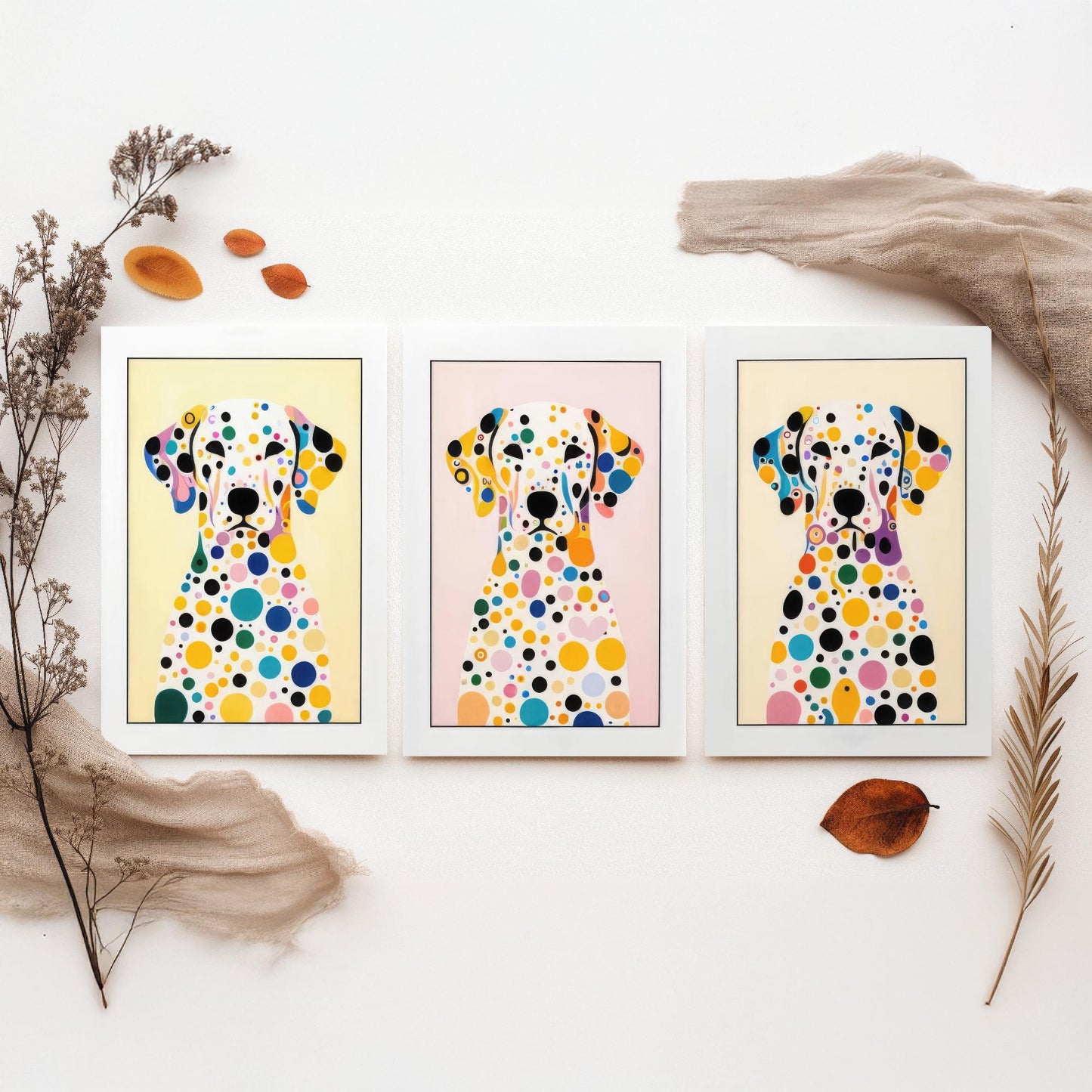 Rainbow Dalmatian Set of Three Art Prints - 3 Colourful Polka Dot Dog Posters - Pop Art Illustration Nursery Kids Gift