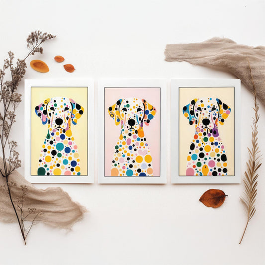 Rainbow Dalmatian Set of Three Art Prints - 3 Colourful Polka Dot Dog Posters - Pop Art Illustration Nursery Kids Gift