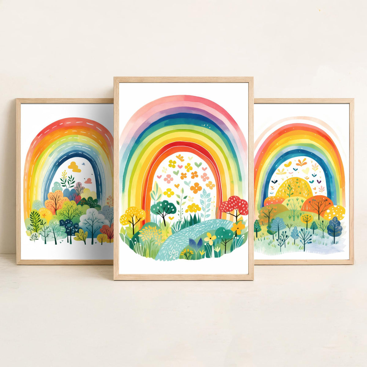 Rainbow Illustrations Set of Three Art Prints - Rainbows over Folk Trees and Meadows - Pastel Watercolour Poster V1
