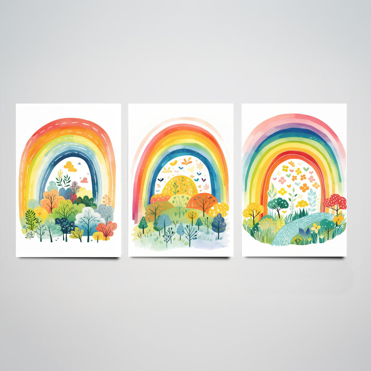 Rainbow Illustrations Set of Three Art Prints - Rainbows over Folk Trees and Meadows - Pastel Watercolour Poster V1
