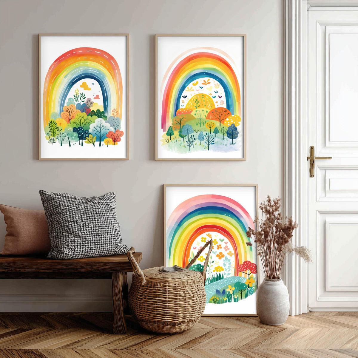 Rainbow Illustrations Set of Three Art Prints - Rainbows over Folk Trees and Meadows - Pastel Watercolour Poster V1