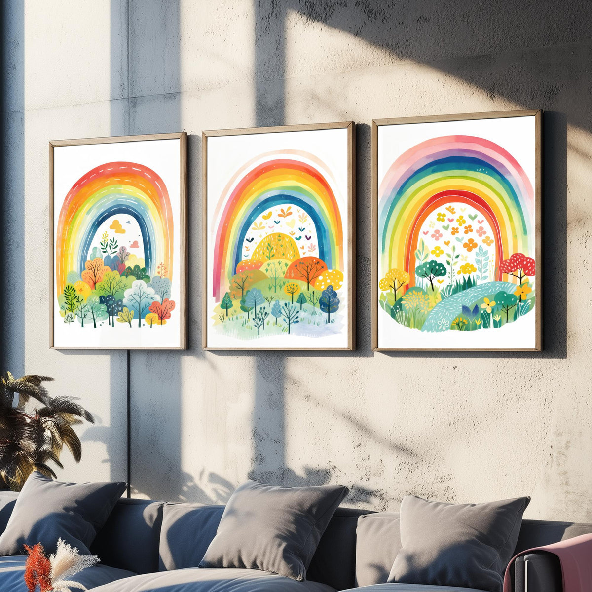 Rainbow Illustrations Set of Three Art Prints - Rainbows over Folk Trees and Meadows - Pastel Watercolour Poster V1