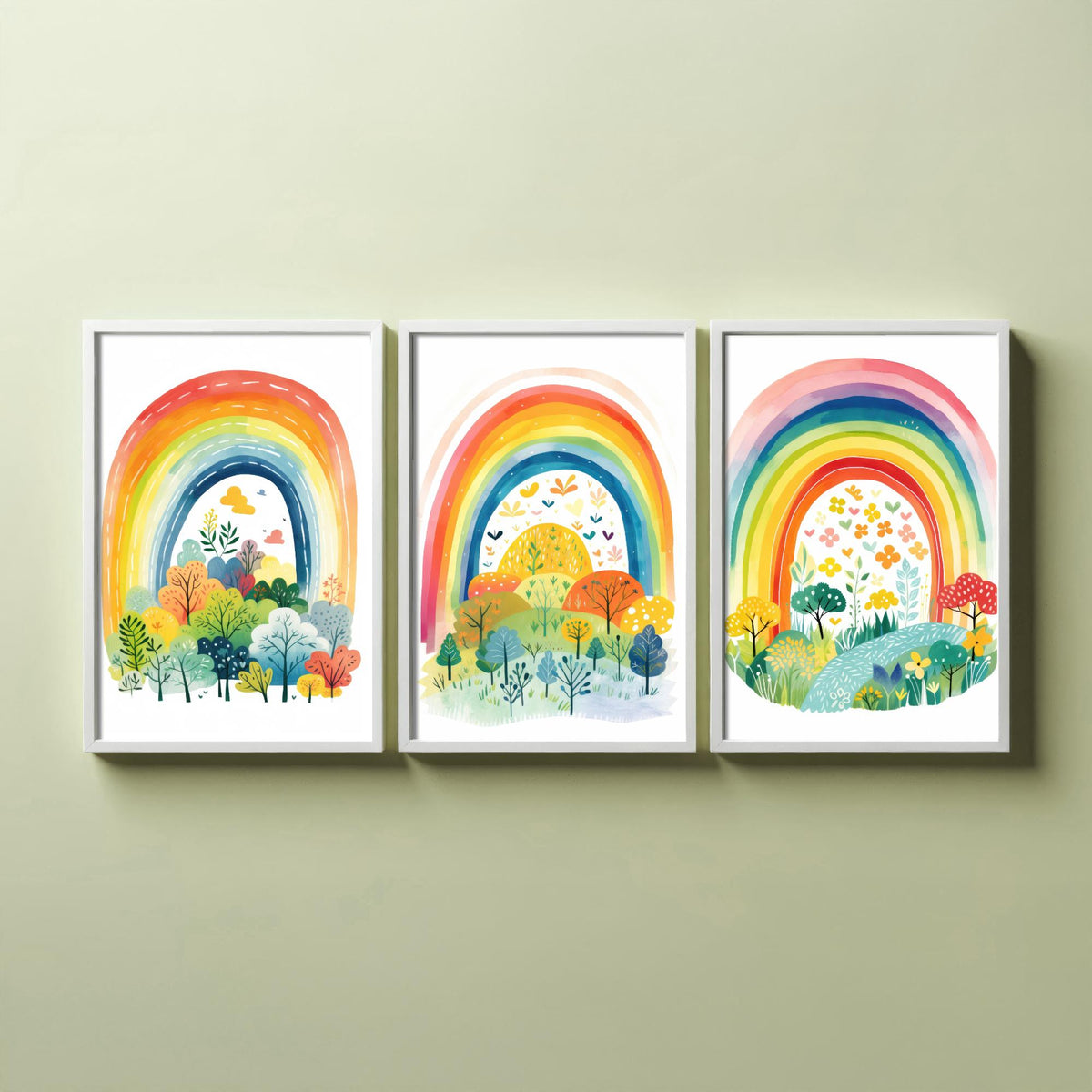 Rainbow Illustrations Set of Three Art Prints - Rainbows over Folk Trees and Meadows - Pastel Watercolour Poster V1
