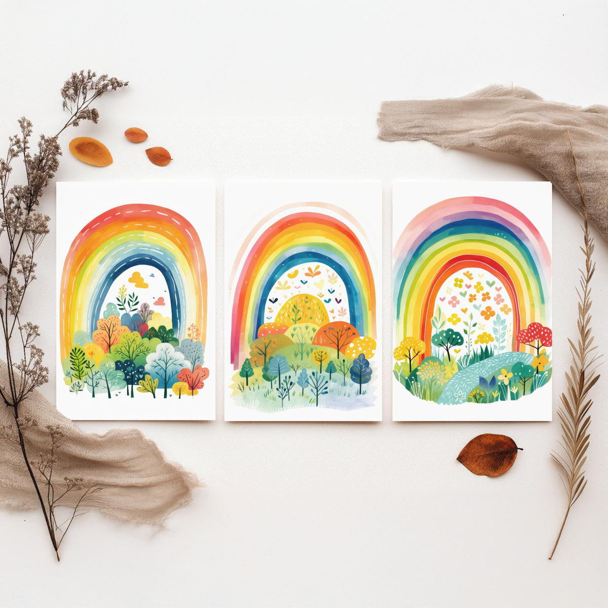 Rainbow Illustrations Set of Three Art Prints - Rainbows over Folk Trees and Meadows - Pastel Watercolour Poster V1