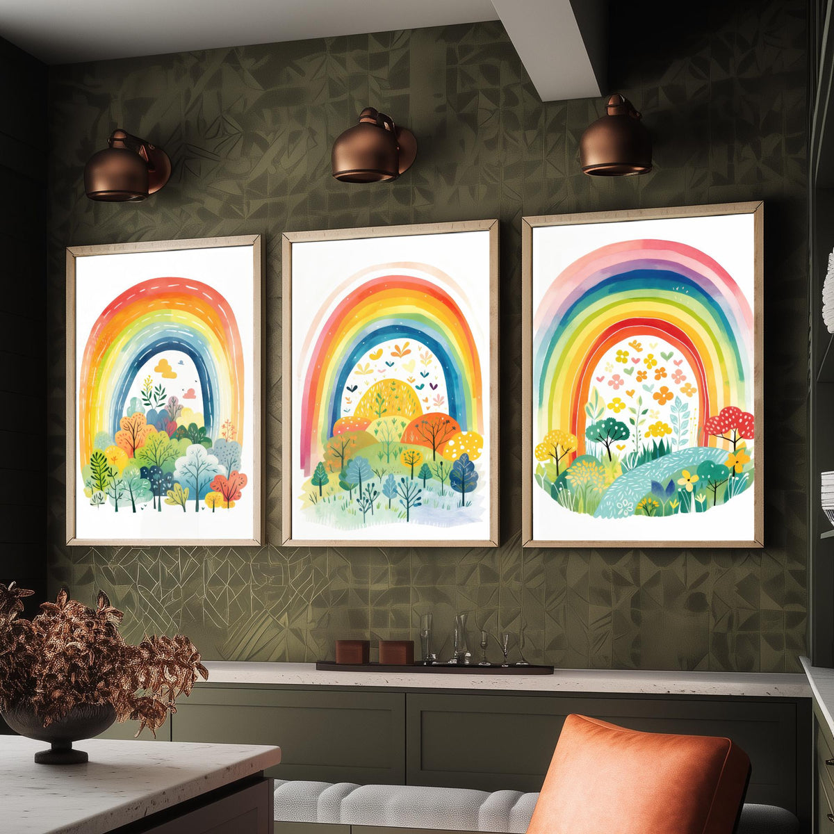 Rainbow Illustrations Set of Three Art Prints - Rainbows over Folk Trees and Meadows - Pastel Watercolour Poster V1
