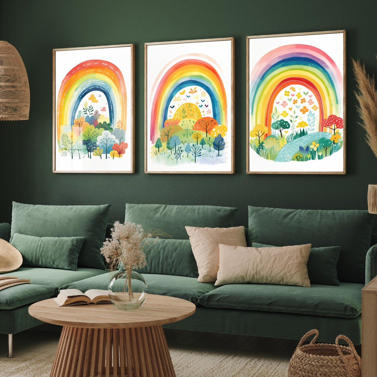 Rainbow Illustrations Set of Three Art Prints - Rainbows over Folk Trees and Meadows - Pastel Watercolour Poster V1