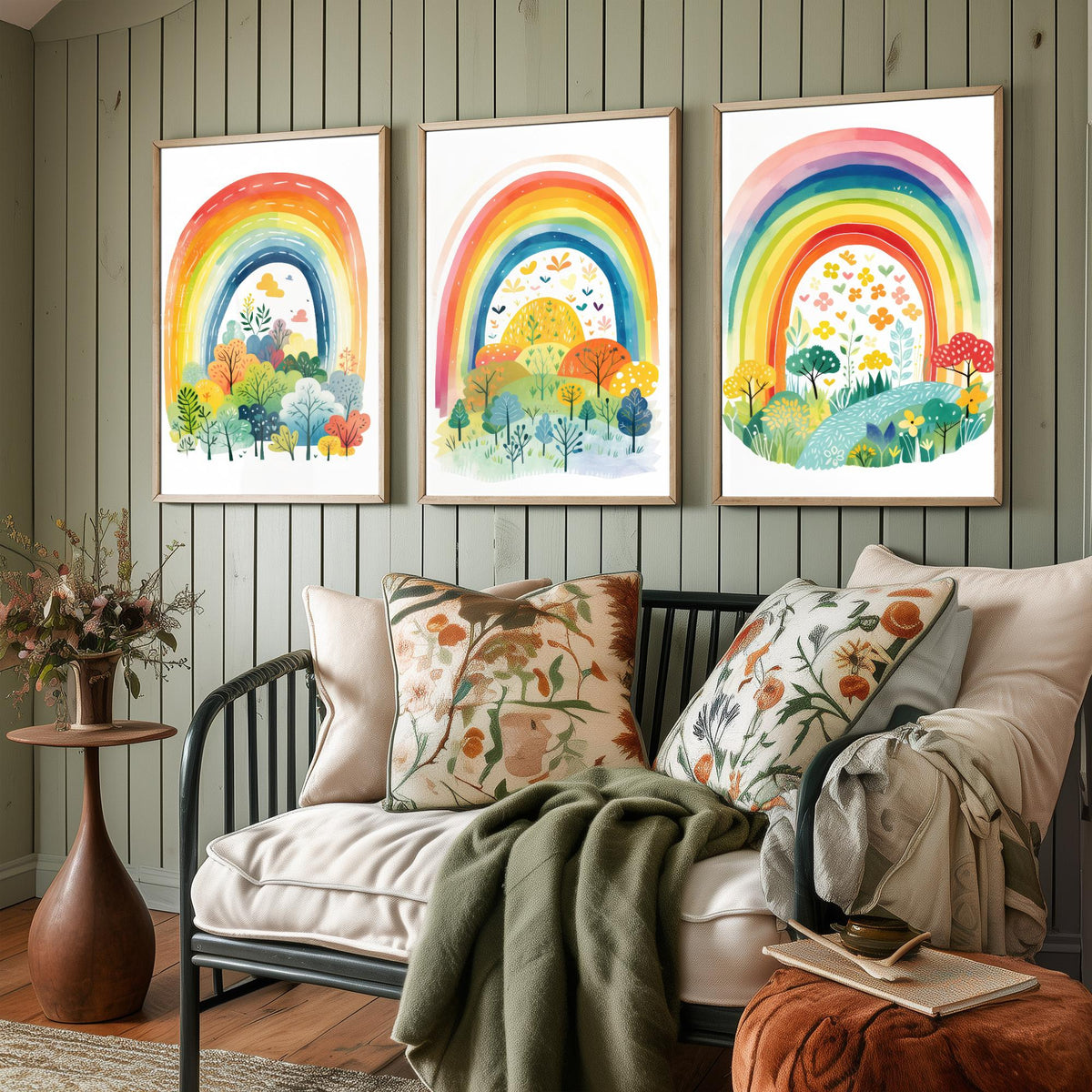 Rainbow Illustrations Set of Three Art Prints - Rainbows over Folk Trees and Meadows - Pastel Watercolour Poster V1