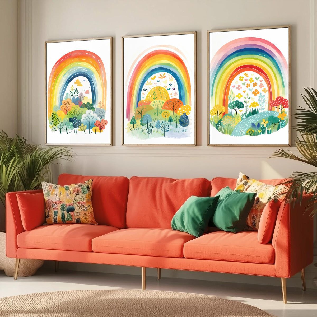 Rainbow Illustrations Set of Three Art Prints - Rainbows over Folk Trees and Meadows - Pastel Watercolour Poster V1