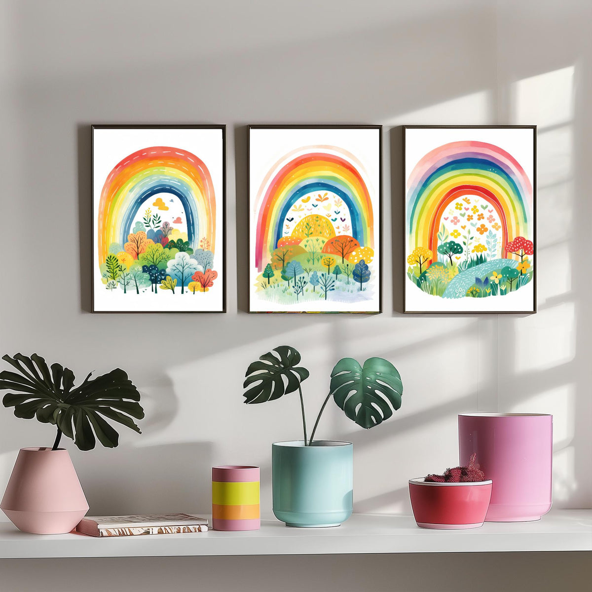 Rainbow Illustrations Set of Three Art Prints - Rainbows over Folk Trees and Meadows - Pastel Watercolour Poster V1