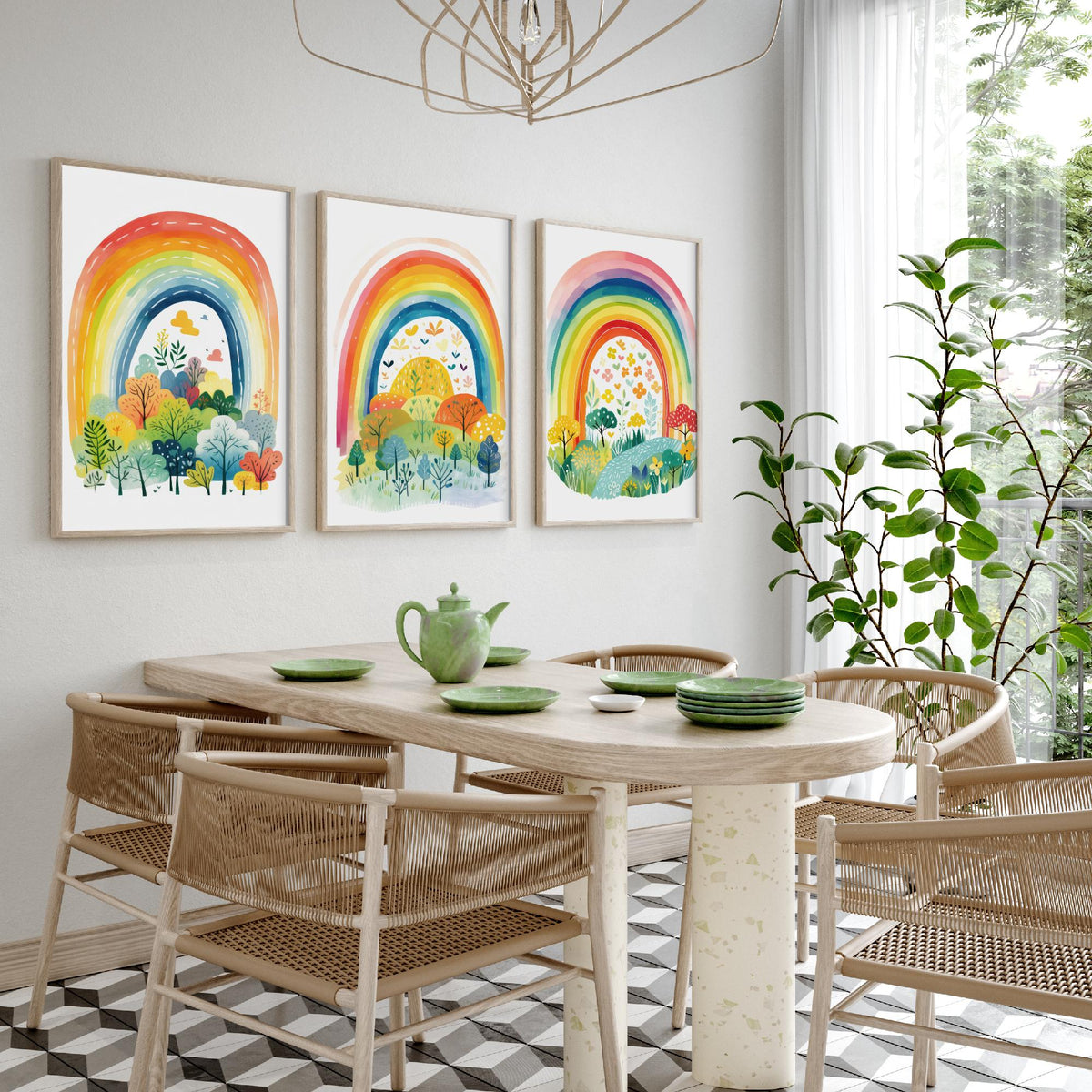 Rainbow Illustrations Set of Three Art Prints - Rainbows over Folk Trees and Meadows - Pastel Watercolour Poster V1