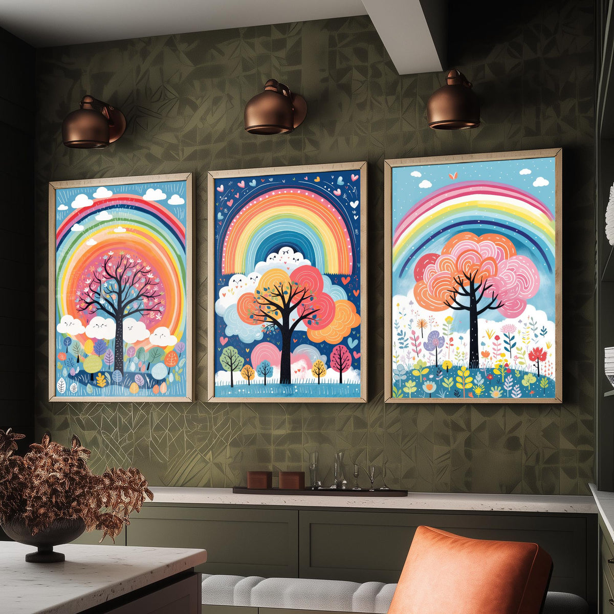 Rainbow Trees Set of Three Art Prints - Rainbows, Clouds and Folk Trees on Blue - Bright Illustration Poster V2