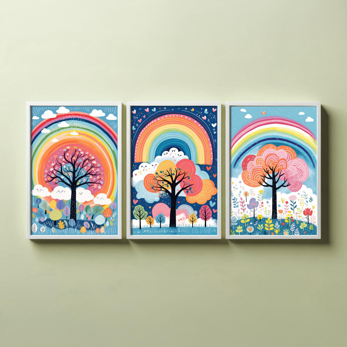 Rainbow Trees Set of Three Art Prints - Rainbows, Clouds and Folk Trees on Blue - Bright Illustration Poster V2