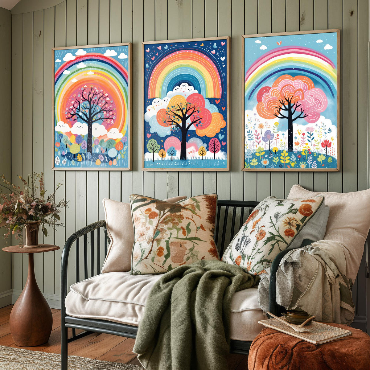 Rainbow Trees Set of Three Art Prints - Rainbows, Clouds and Folk Trees on Blue - Bright Illustration Poster V2