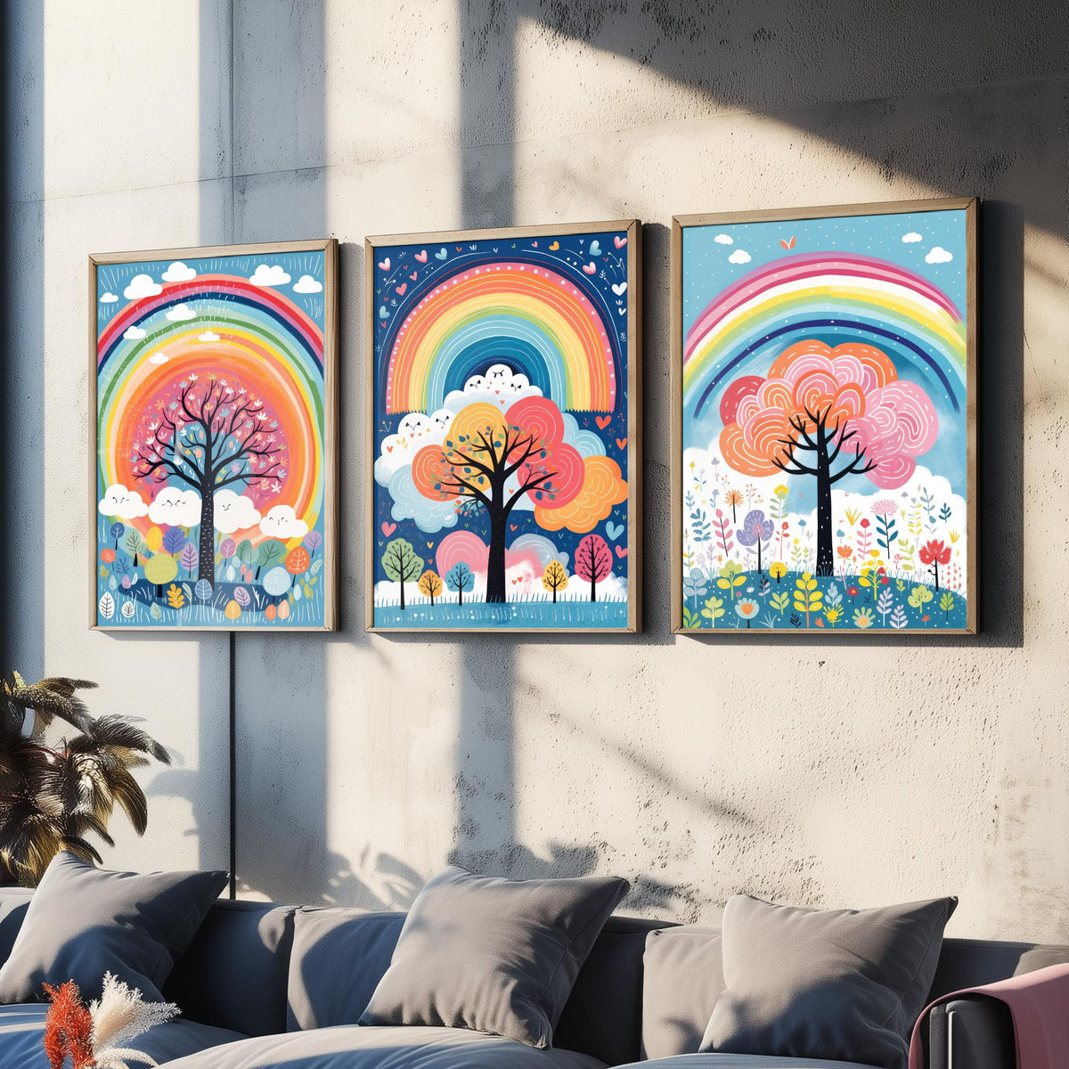 Rainbow Trees Set of Three Art Prints - Rainbows, Clouds and Folk Trees on Blue - Bright Illustration Poster V2