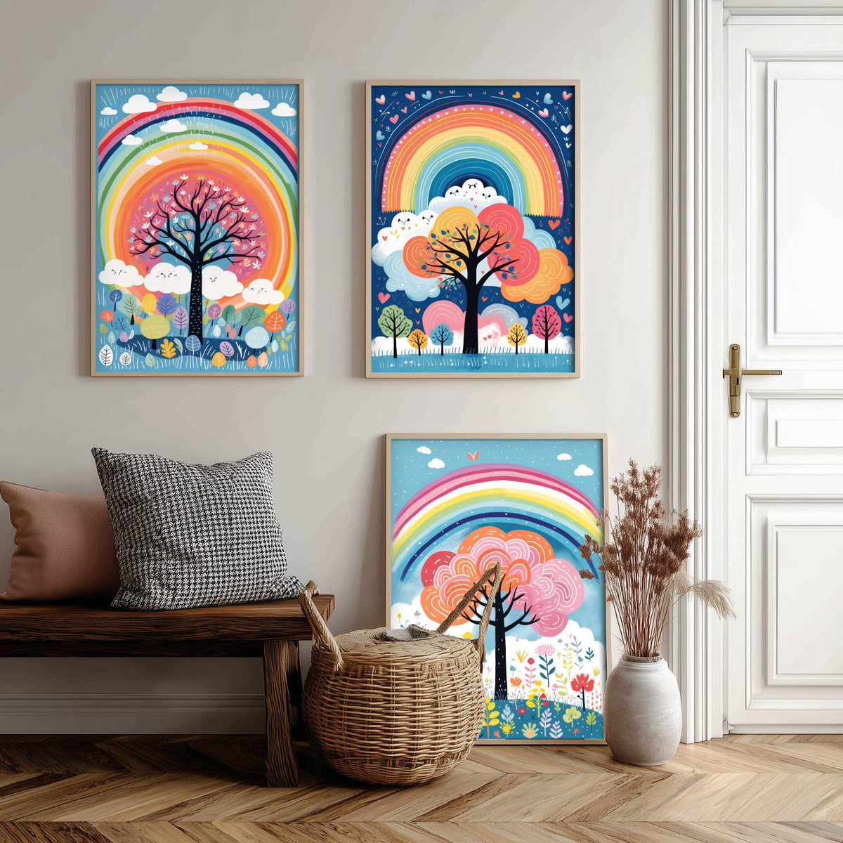 Rainbow Trees Set of Three Art Prints - Rainbows, Clouds and Folk Trees on Blue - Bright Illustration Poster V2