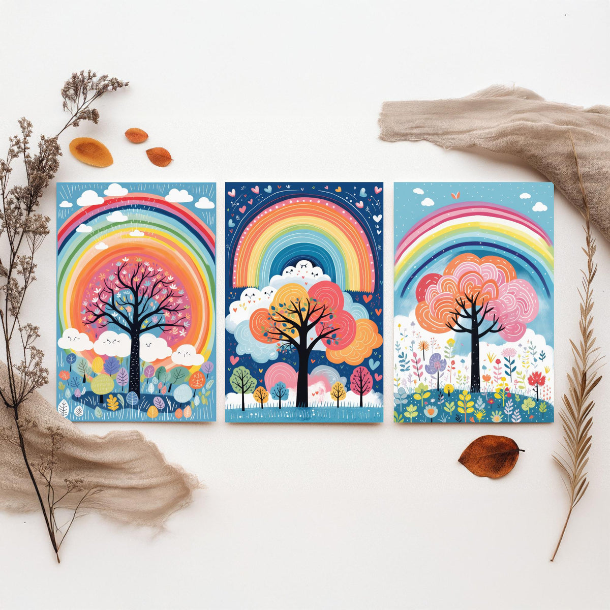 Rainbow Trees Set of Three Art Prints - Rainbows, Clouds and Folk Trees on Blue - Bright Illustration Poster V2