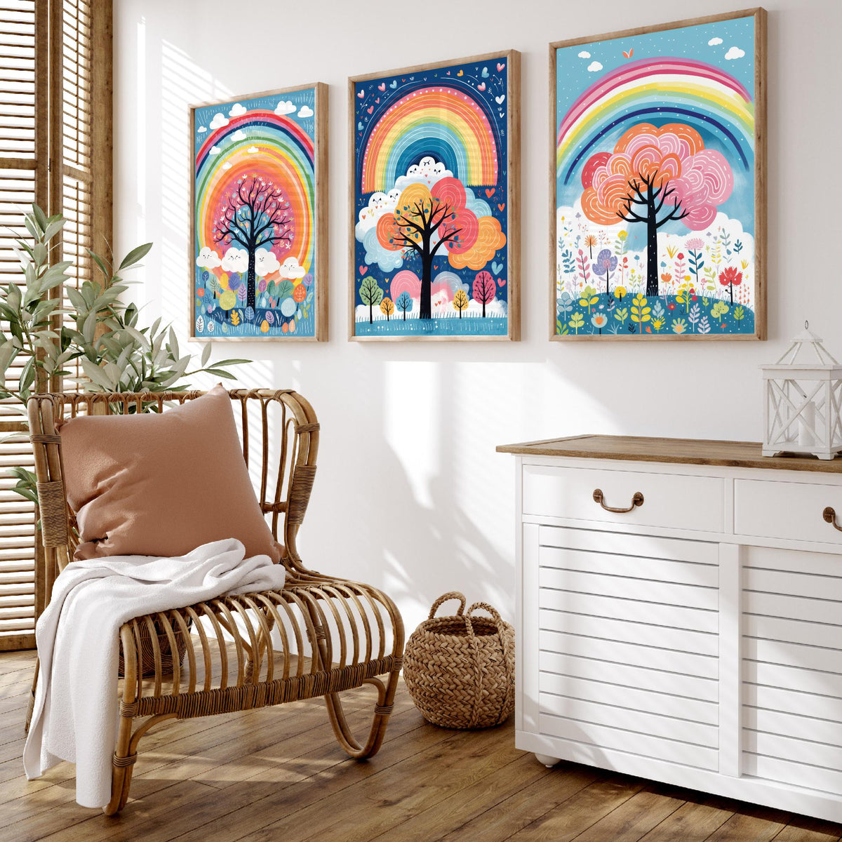 Rainbow Trees Set of Three Art Prints - Rainbows, Clouds and Folk Trees on Blue - Bright Illustration Poster V2