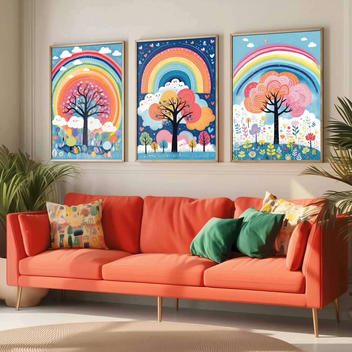 Rainbow Trees Set of Three Art Prints - Rainbows, Clouds and Folk Trees on Blue - Bright Illustration Poster V2