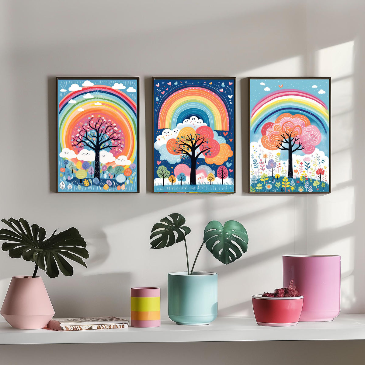 Rainbow Trees Set of Three Art Prints - Rainbows, Clouds and Folk Trees on Blue - Bright Illustration Poster V2