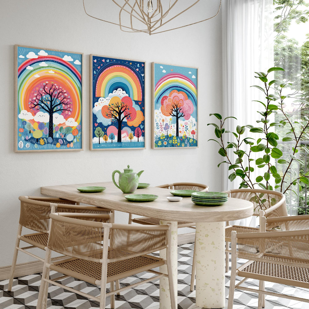 Rainbow Trees Set of Three Art Prints - Rainbows, Clouds and Folk Trees on Blue - Bright Illustration Poster V2