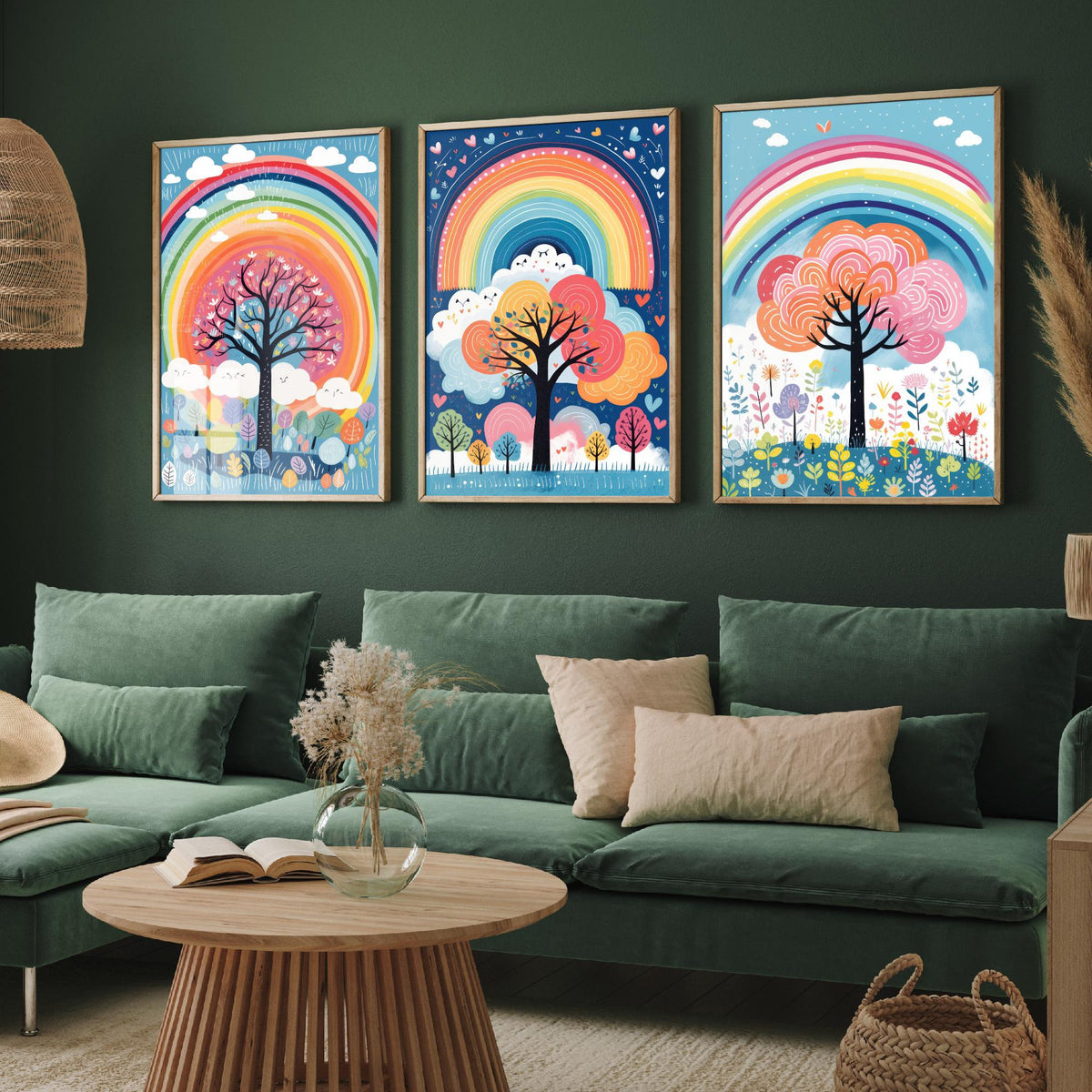 Rainbow Trees Set of Three Art Prints - Rainbows, Clouds and Folk Trees on Blue - Bright Illustration Poster V2