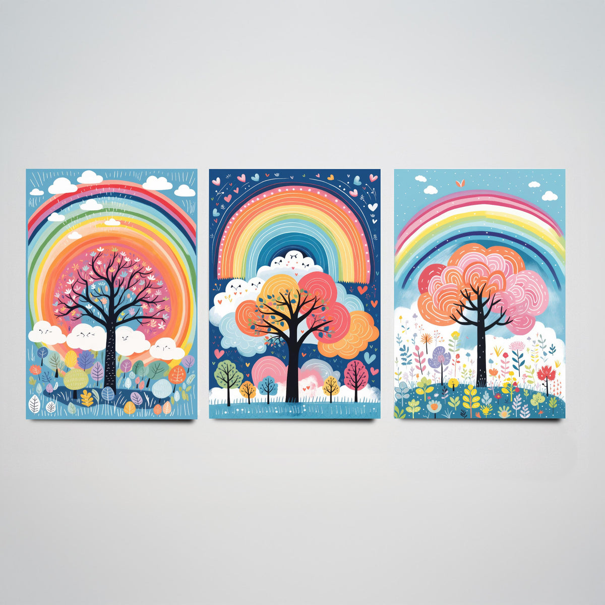Rainbow Trees Set of Three Art Prints - Rainbows, Clouds and Folk Trees on Blue - Bright Illustration Poster V2