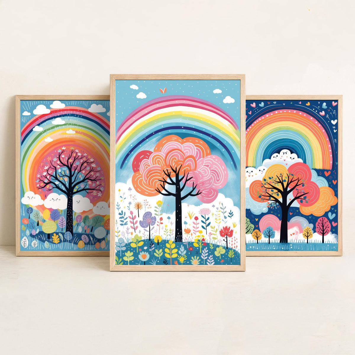 Rainbow Trees Set of Three Art Prints - Rainbows, Clouds and Folk Trees on Blue - Bright Illustration Poster V2