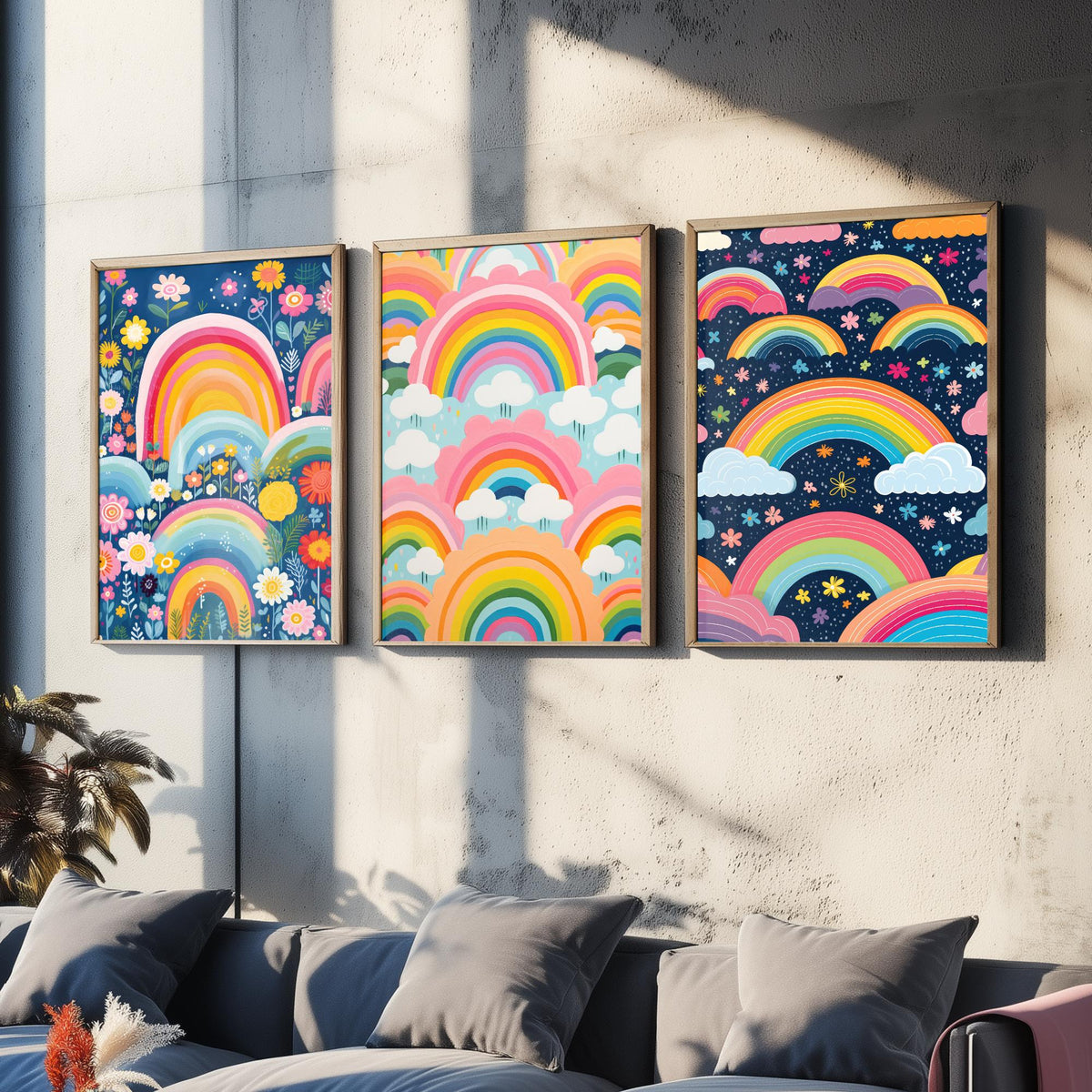 Rainbow Patterns Set of Three Art Prints - Rainbows, Clouds and Flowers - Retro Pastel Poster Illustration V3